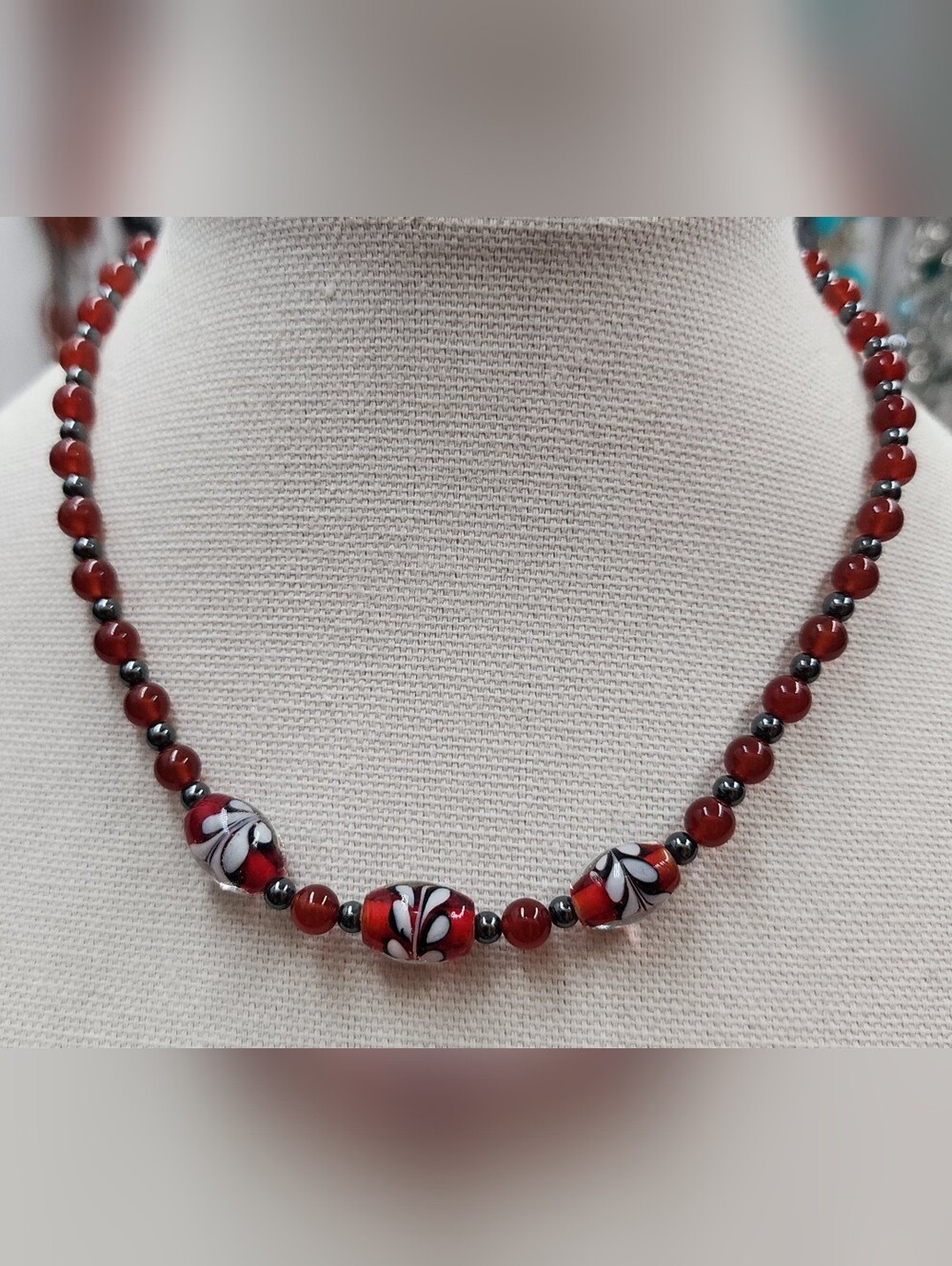 art glass beaded necklace statement unique bold Red Black and White 17" Inches